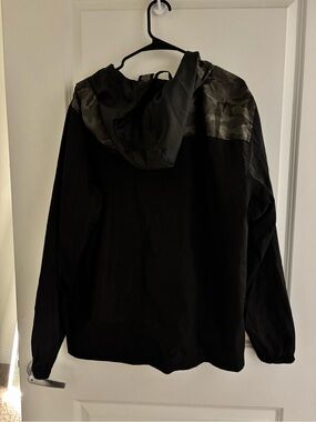 Black Hooded Windbreaker with Camouflage Yoke
